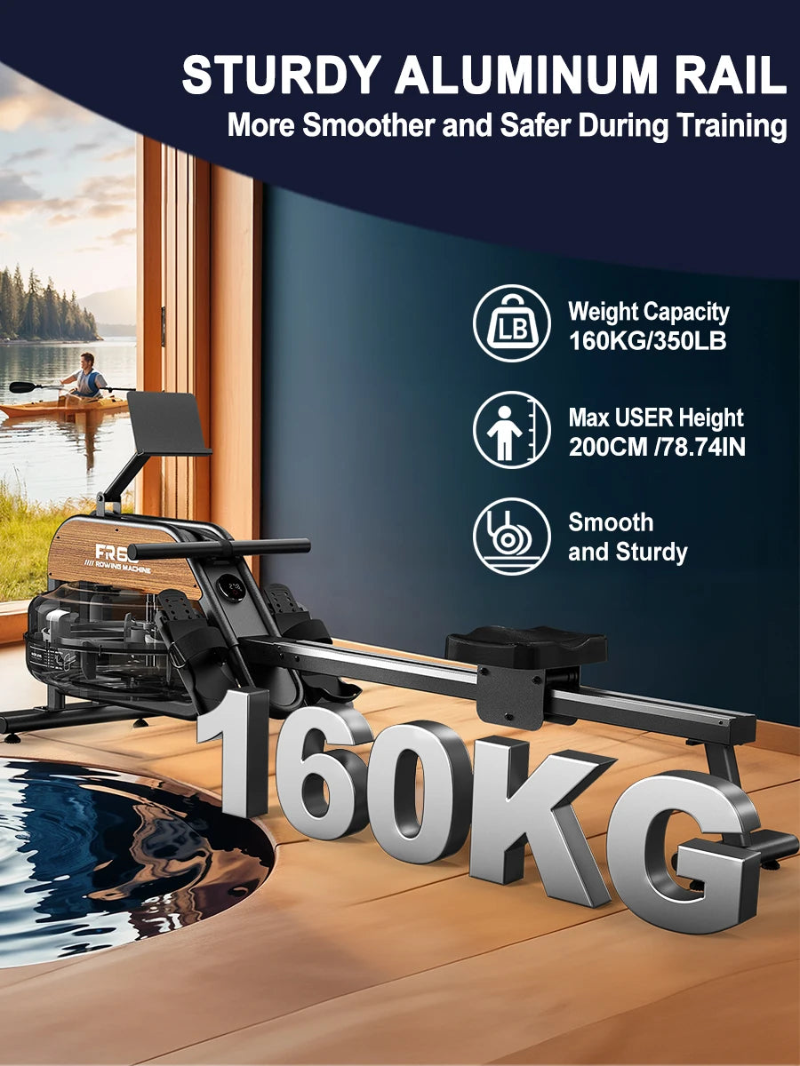 Fysiq Home Rowing Machine, Made of High-Quality Wood, 28L Extra-Large Water Tank, 50% Increased Resistance, Bluetooth Display, Maximum User Height 200cm
