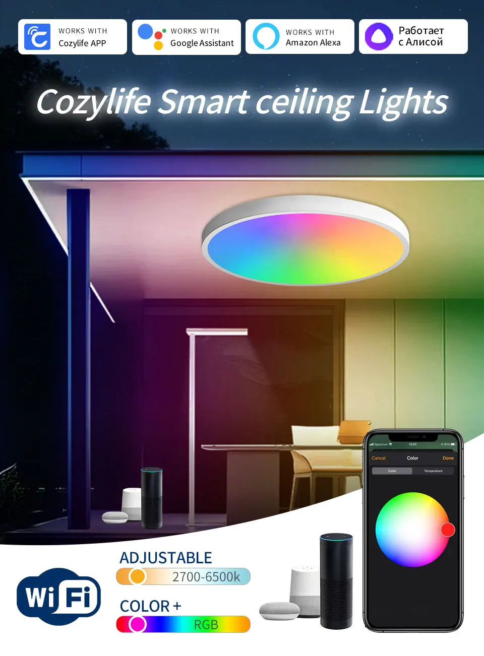 Smart WiFi LED Ceiling Light 24W Cozylife APP Control Voice Control Round Panel Ambient Lamp AC85-265V Works Alexa Geogle Home