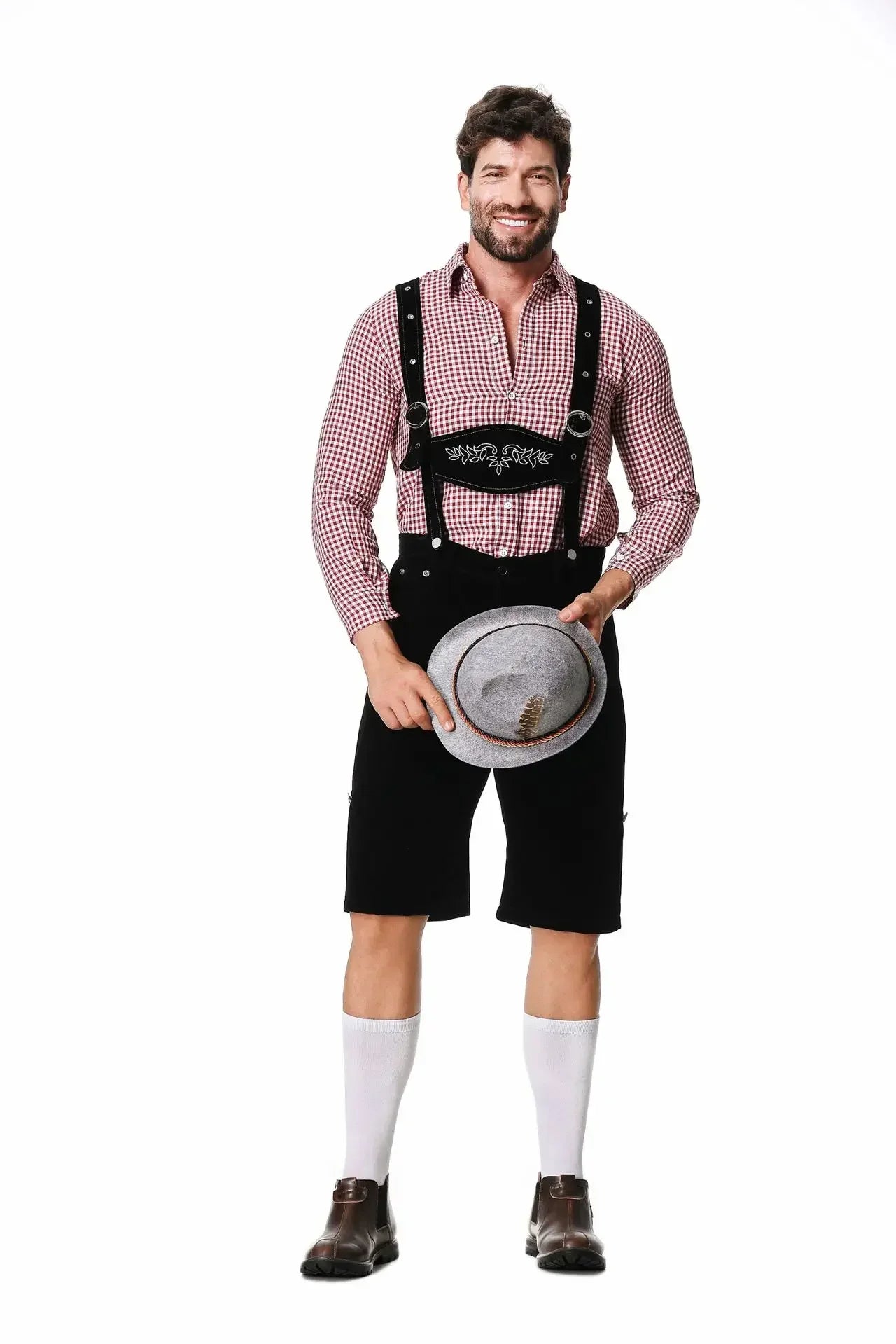 M-XXL Men Bavarian Oktoberfest Lederhosen Costume for Cosplay German Beer Festivals Suspenders Rompers Shirt Hat Set Outfit