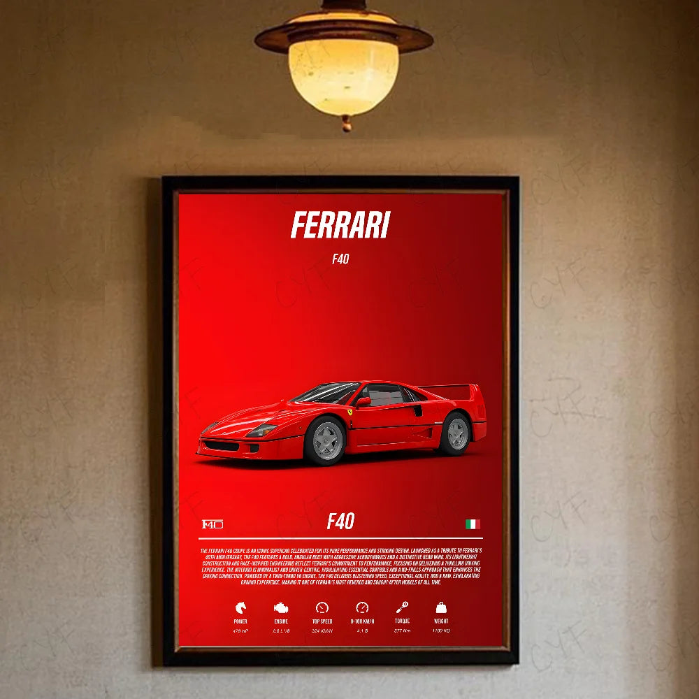 Luxury Classic Retro Red Super Sports Car F40 Art High-quality Printed Posters Homeliving room Wall Art Garage Room Decor