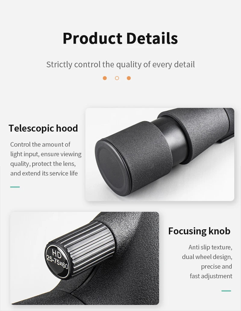 25-75x60 HD Spotting Scope Powerful Monocular Zoom Telescope Prism Waterproof for Birdwatching Target Shooting Camping