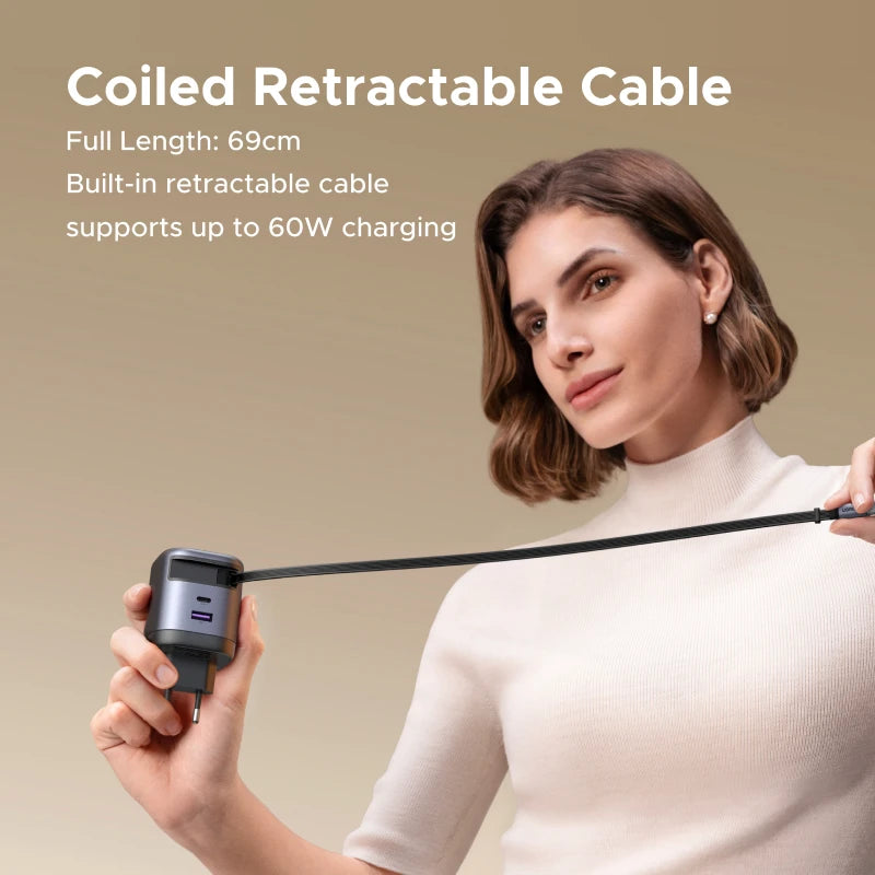 UGREEN 65W GaN Charger With Retractable USB C Cable For iPhone 17 16 Pro Samsung Xiaomi Laptop Macbook Tablet PD Fast Charger