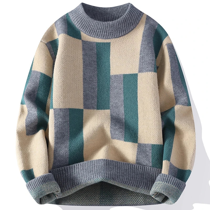 Autumn Winter Men's Mock Neck Knit Sweater Fashion Plaid Knitted Pullovers Men Youthful Vitality Casual Loose Warm Y2K Sweaters