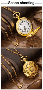 Antique Steampunk Vintage Arabic Numerals Quartz Pocket Watch Gold Case Necklace Pendant Clock Chain Mens Women