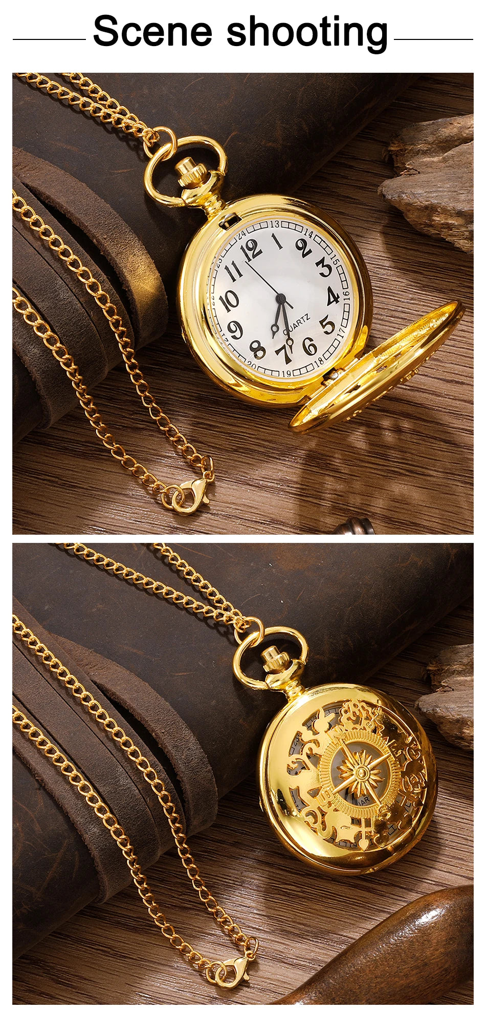 Antique Steampunk Vintage Arabic Numerals Quartz Pocket Watch Gold Case Necklace Pendant Clock Chain Mens Women