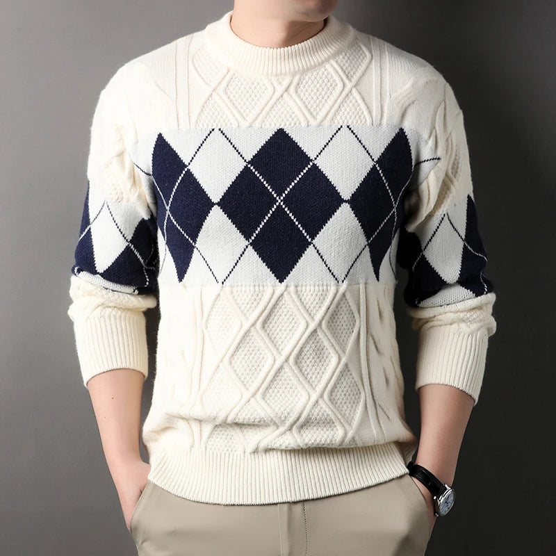 High Quality Thick Mens Sweater Fashion Argyle Mock Neck Knitted Pullovers Autumn Winter Patchwork Warm Casual Knit Sweater Men