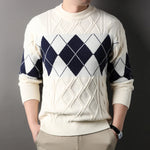 High Quality Thick Mens Sweater Fashion Argyle Mock Neck Knitted Pullovers Autumn Winter Patchwork Warm Casual Knit Sweater Men