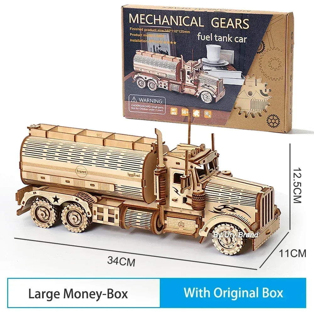 DIY 3D Wooden Puzzles Money Box Piggy Bank Fuel Truck Model Building Block Kits Assembly Jigsaw Toy Gift for Children Adult