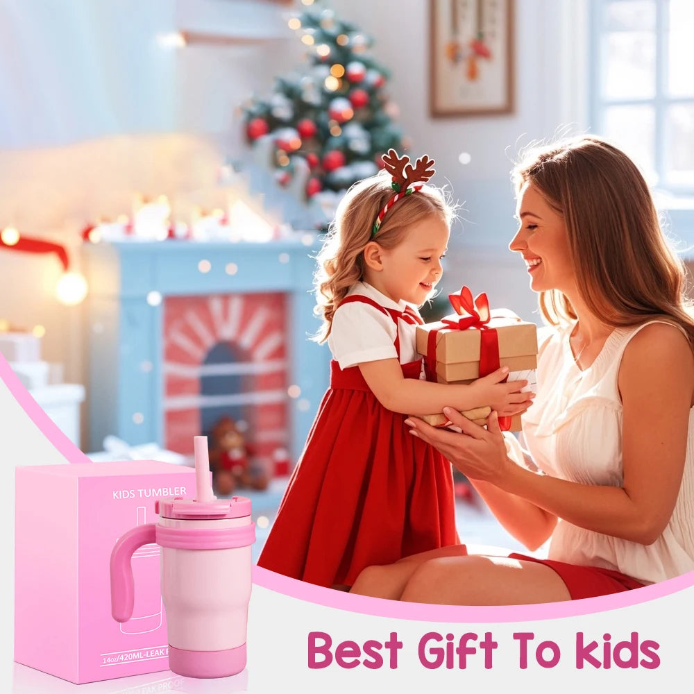 420ML Kids Thermos Bottle Leak Proof Tumbler With Handle Stainless Steel Travel Straw Mug For Toddler Boys Girls Christmas Gifts