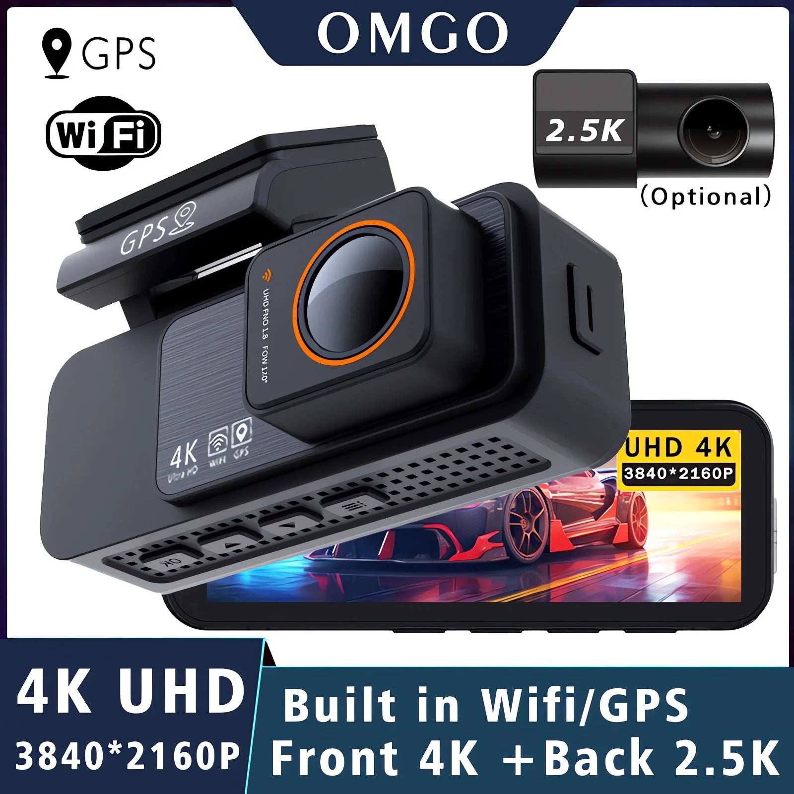 Dash Cam Dual Lens 4K UHD Recording Car Camera DVR Night Vision Video Recorder GPS Wi-Fi Room Black Box 2.5K Rear View Camera