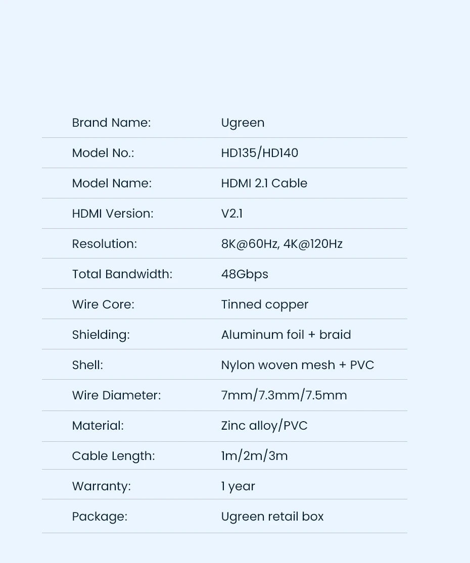 UGREEN HDMI 2.1 Cable 8K 60Hz 48Gbps Earc Ultra High-Speed HDMI-Compatible Cable for Xiaomi TV Box Laptop Projector PS4 PS5