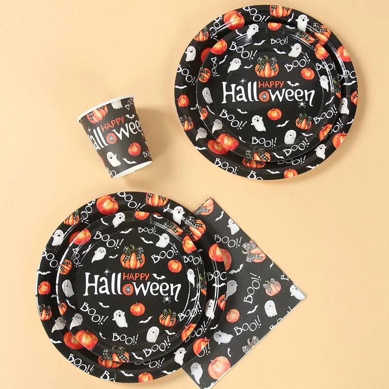 Halloween Disposable Tableware Pumpkin Ghost Boo Paper Plates Cups Napkins Kids Favor Happy Halloween Decoration Trick or Treat