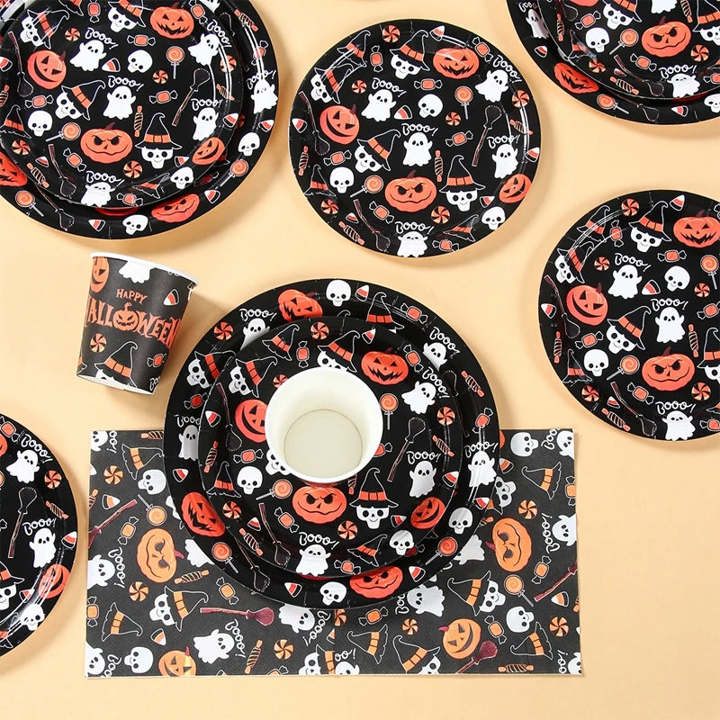 Halloween Disposable Tableware Halloween Party Decoration Spooky Pumpkin Paper Plates Napkins Cups Trick or Treat Party Supplies