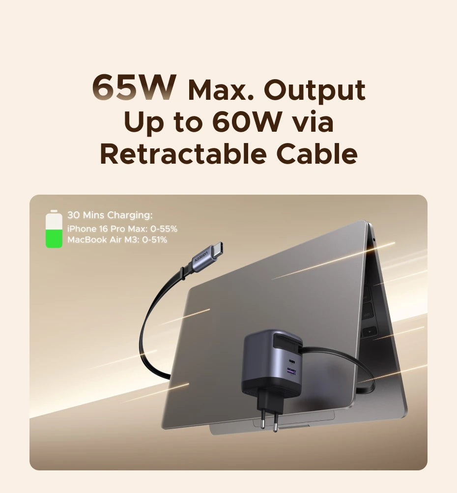 UGREEN 65W GaN Charger With Retractable USB C Cable For iPhone 17 16 Pro Samsung Xiaomi Laptop Macbook Tablet PD Fast Charger