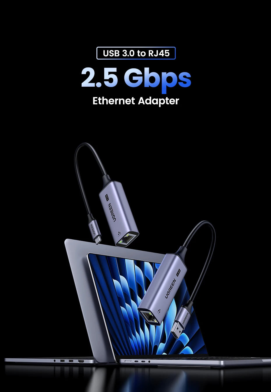 UGREEN USB Ethernet Adapter 2.5G 2500Mbps USB3.0 Network Card for Laptop PC NAS Server Windows Mac OS USB-A/C Internet Adapter