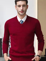 V-Neck Men's 100% Pure Wool Pullover Knitted Sweater, Business Casual Solid Color Simple Long Sleeved Fashionable Loose Warm Top