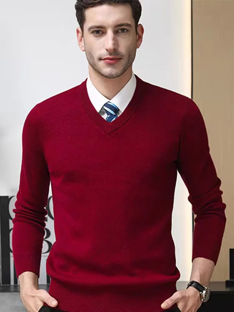 V-Neck Men's 100% Pure Wool Pullover Knitted Sweater, Business Casual Solid Color Simple Long Sleeved Fashionable Loose Warm Top