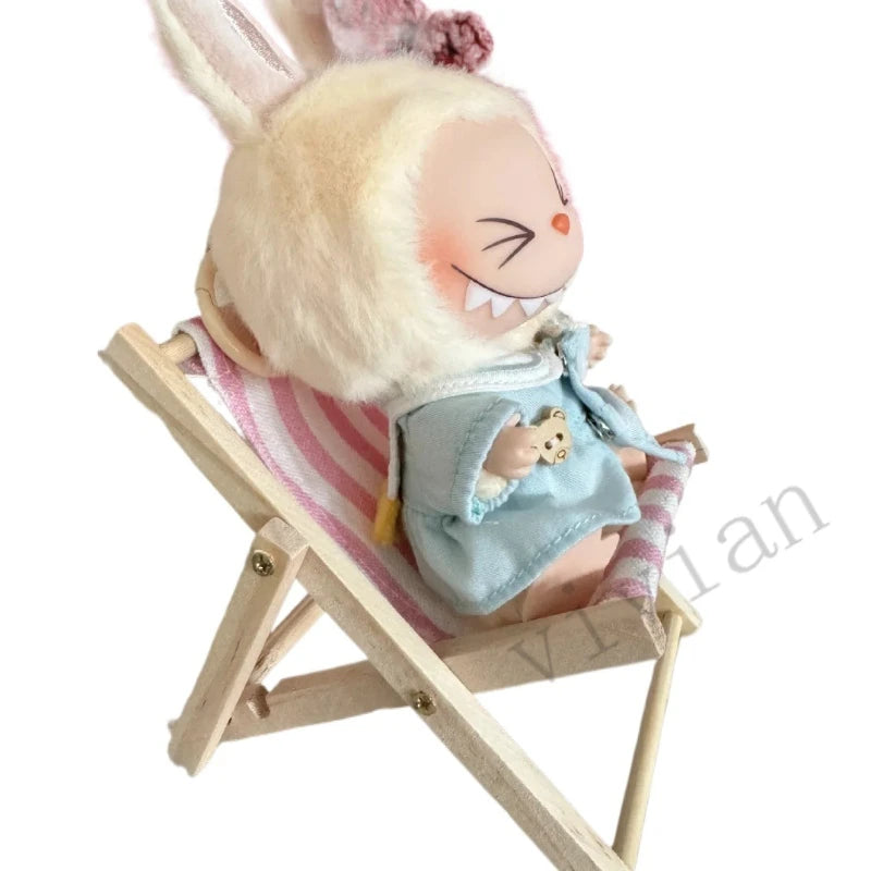 Doll'S Chair Outfit Accessories For Ropa Labubu 10cm cotton doll Summer vacation Wooden beach reclining camping chair ornament