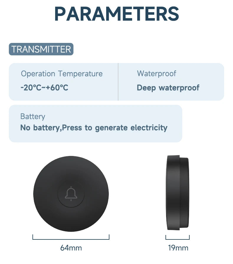 Circular Black Self Powered Wireless Doorbell AC 110v 220v US/EU Plug With 60 Rings Waterproof Long-Distance Kinetic Door Bell