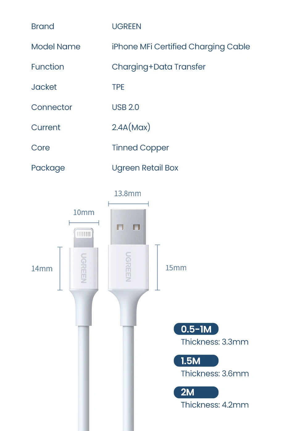 UGREEN MFi USB to Lightning Cable for iPhone 14 13 12 Pro Max 2.4A Fast Charging for iPhone for iPad Phone Data Cable