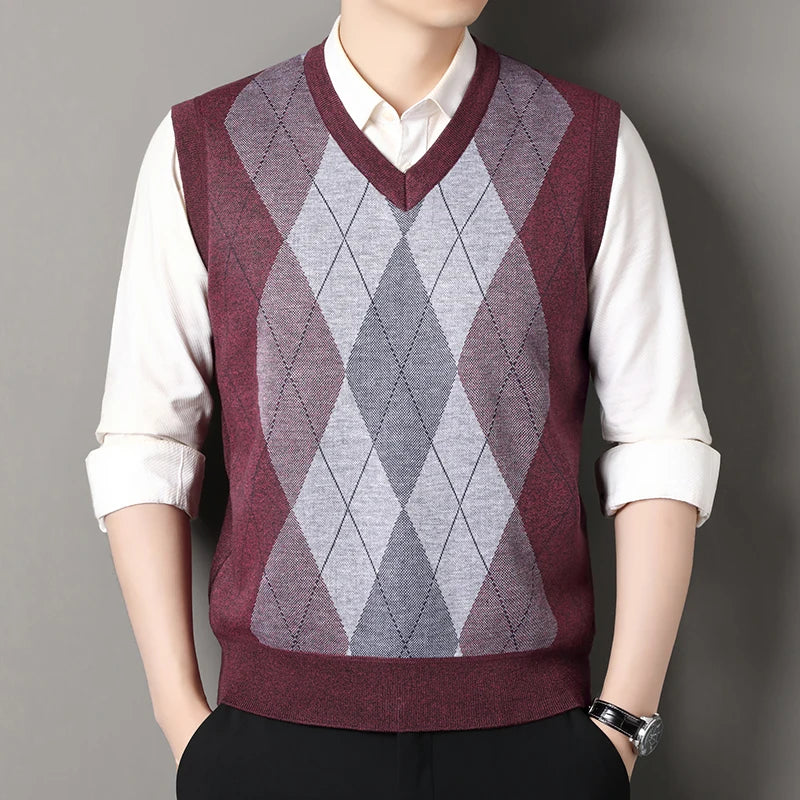 Cardigan Sweater Vests Men Autumn Winter Fleece Knitted Waistcoat Argyle Plaid Smart Causal Fashion Knit Sleeveless Sweater Vest