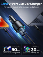 UGREEN 130W USB C Fast Car Charger with PD Cable for For Xiaomi iPhone 17 Samsung Galaxy S25 Laptops Fast USB C Car  Charger QC4