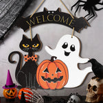 Halloween Decorative Wooden Sign with Black Cat, Pumpkin and Ghost - "Welcome" Design for Door Hanging