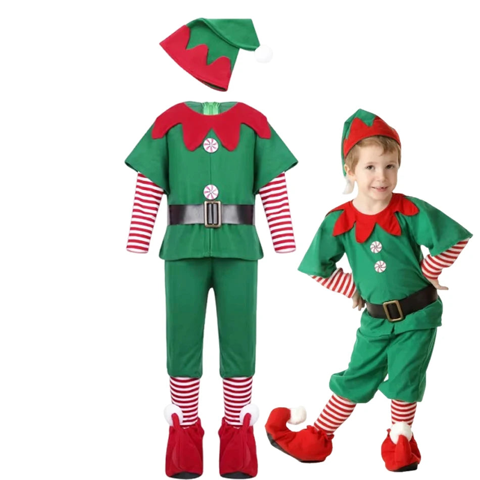 New Year Elf Costume For Kids Girl Boy Green Santa Claus Suit Set With Hat Children Fancy Christmas Party Dress Set Performance