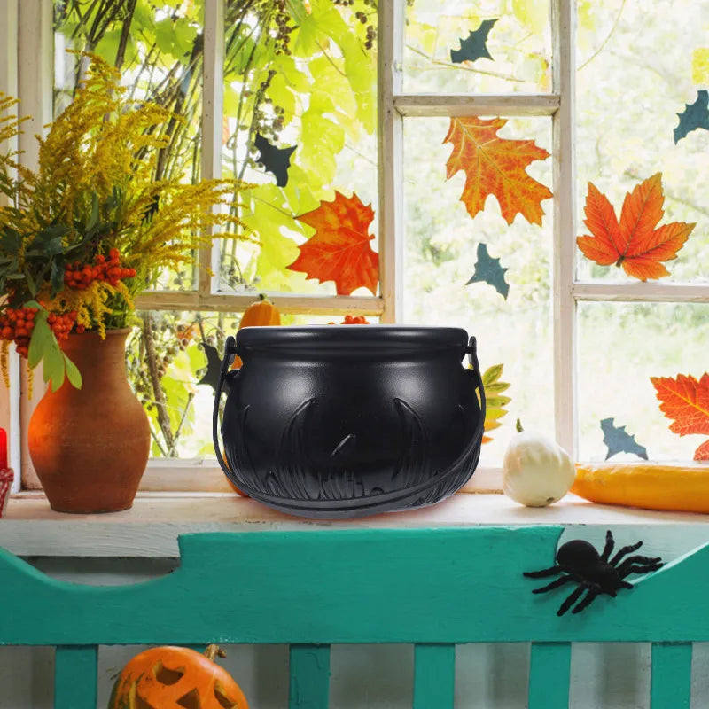 Halloween Themed Decorations Large Size Witch Bucket Plastic Round Basket Candy Cauldron Bucket Witch Basket Plastic Treat Black