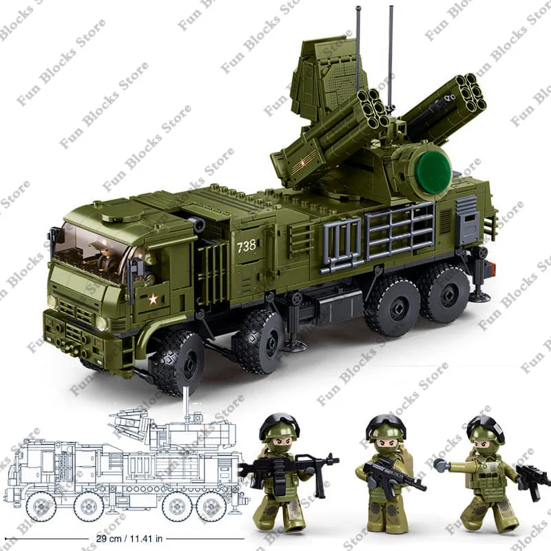 SLUBAN Military Antiaircraft Missile Vehicle Pantsir S1S Anti-aircraft Car Model Building Blocks Sets Soldier Bricks Kids Toys