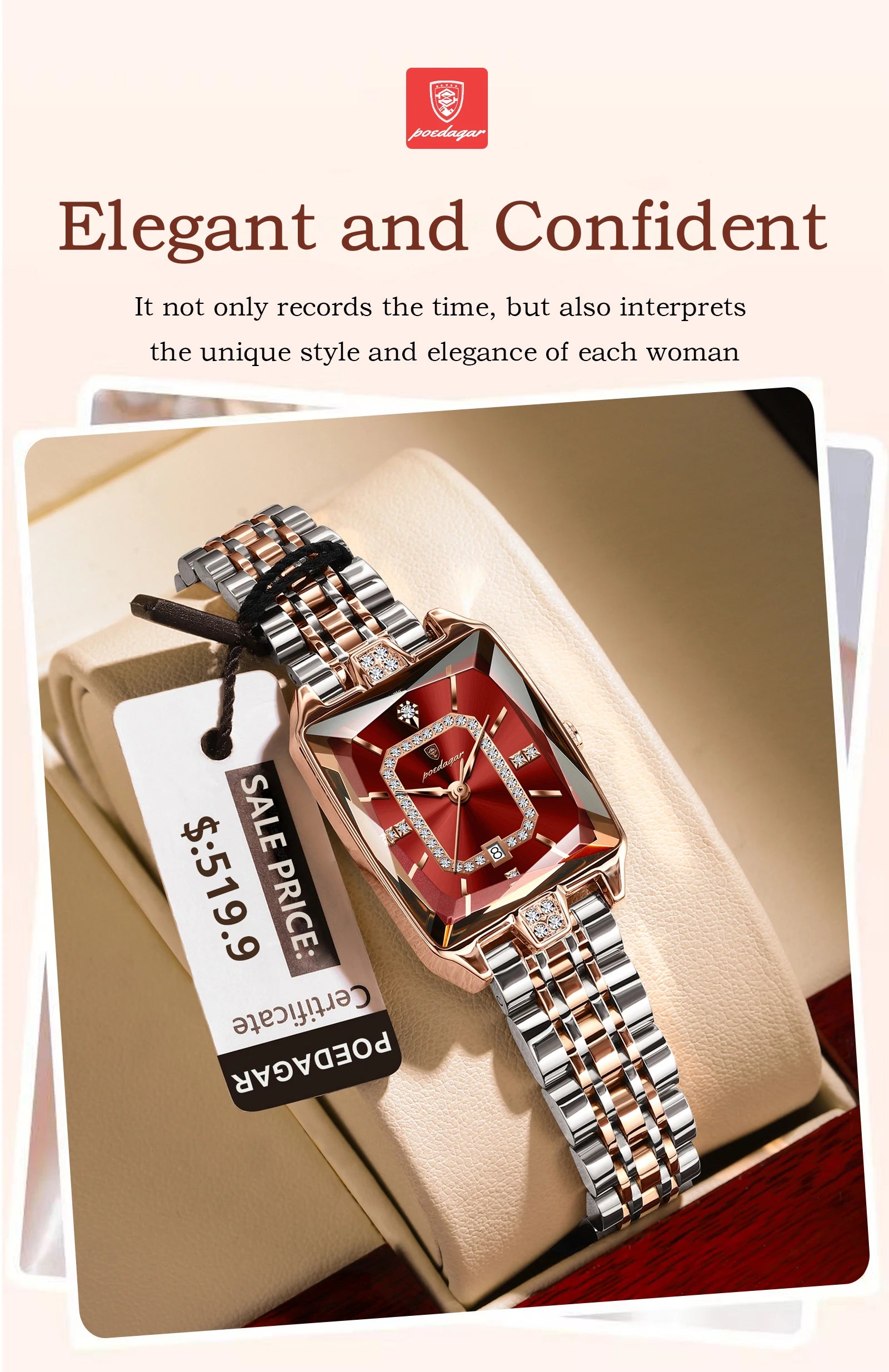 POEDAGAR Luxury Rectangle Watch For Woman Waterproof Calendar Simple Ladies Watch Fashion Stainless Steel Quartz Women's Watches