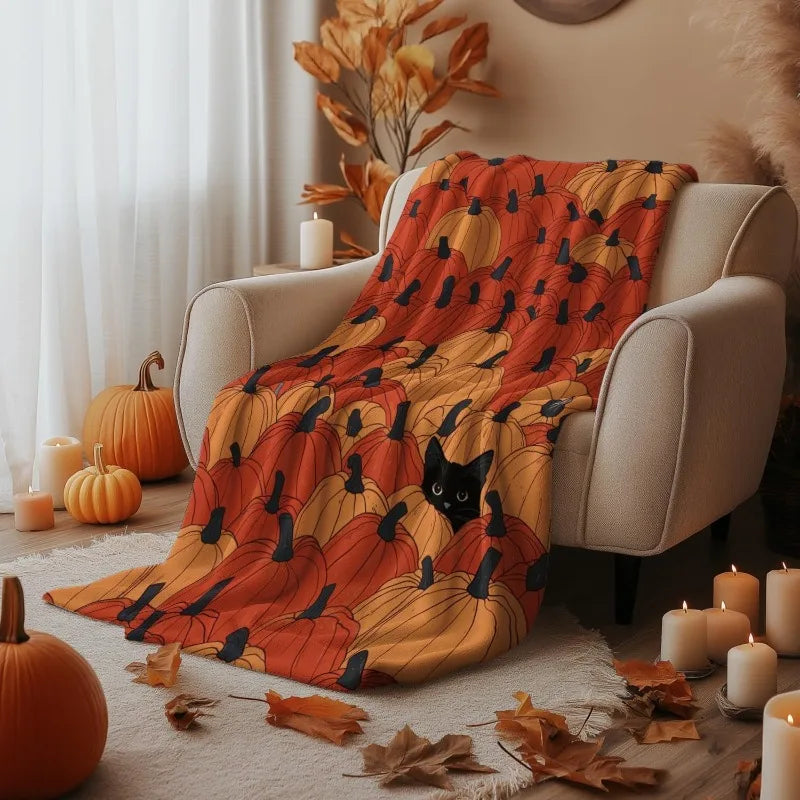 1PC Halloween Theme Throw Pumpkin Black cats Thin Blanket Gifts for family friends Couch Bed Car Home Camping all season use