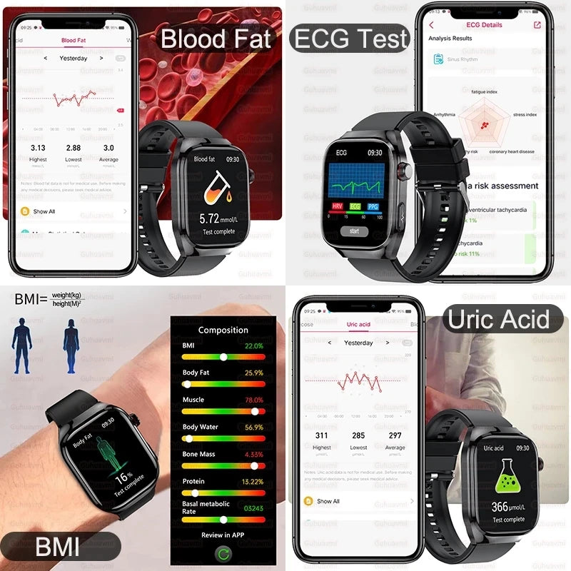 2025 New ECG+PPG Accurate Measure Heart Rate Smart Watch Men Blood Pressure Lipids Uric Acid Bluetooth Call Health Smartwatches
