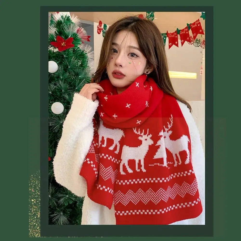 Christmas Atmosphere Santa Claus Knitted Red Scarf For Women New Style Warm Neck Protection Knitted Scarf Versatile Shawl