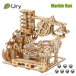 Ury 3D Wooden Puzzles Electric Catapult Track Device Marble Run Set Mechanical Model Science Maze 7 Balls Assembly Gift for Kids