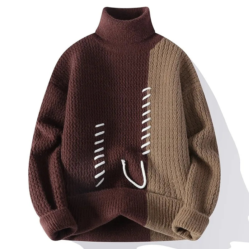 Autumn Winter Men's Knitted Turtleneck Sweater Fashion Patchwork Casual Knit Pullovers Men Loose Warm Pull Sweaters Streetwear