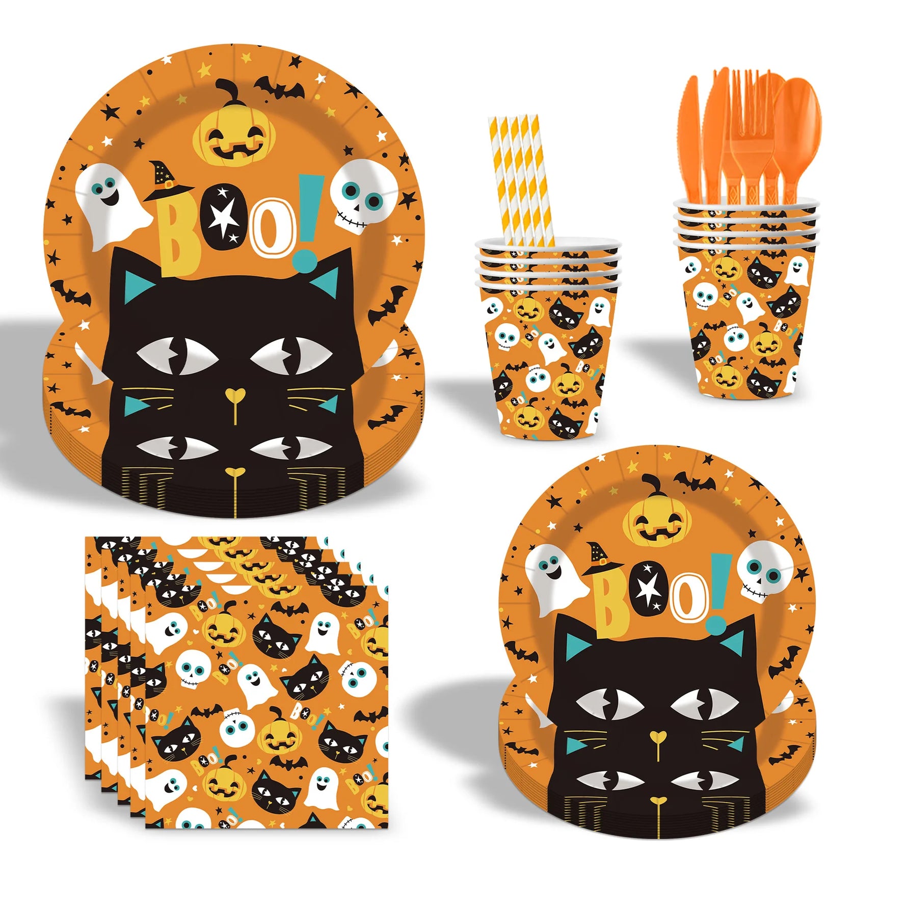 Halloween Black Cat Pumpkin Ghost Theme Festival Disposable Paper Plate Paper Cup Napkin Party Supplies