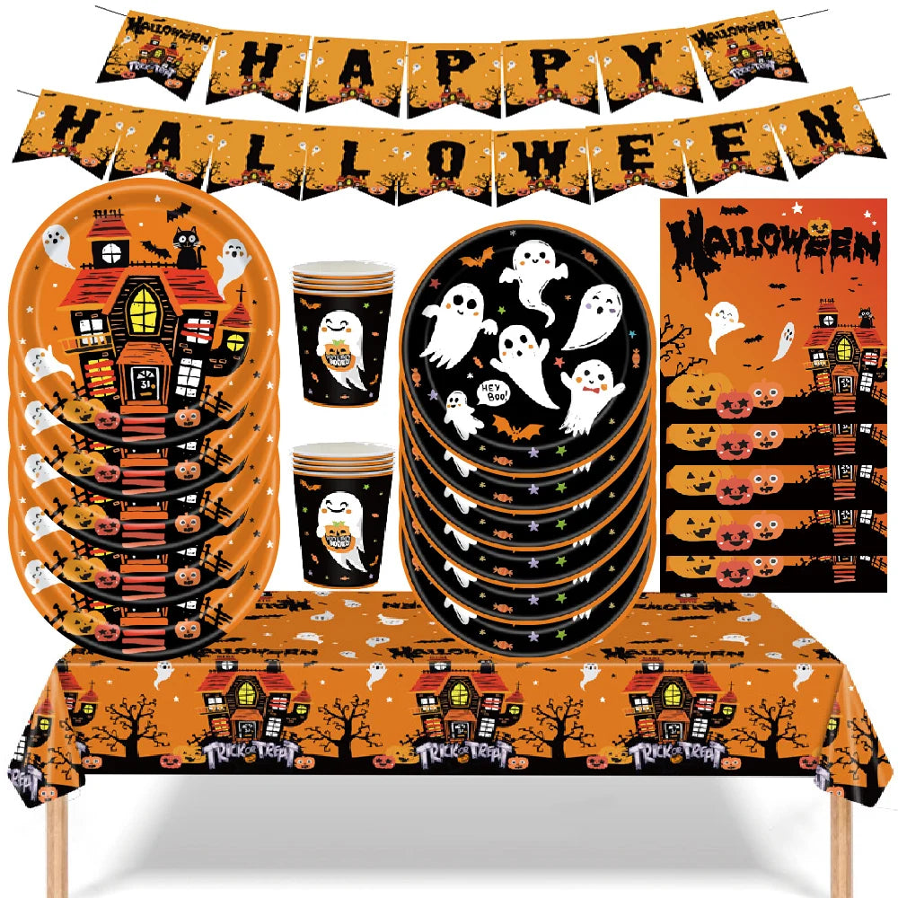 Halloween Disposable Party Tableware Set Pumpkin Witch Paper Plate Cup Napkins Tablecloth Kids Favor Happy Halloween Party Decor