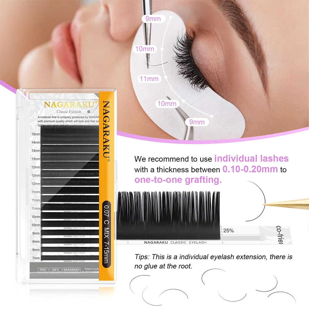 NAGARAKU Classic Mix Eyelash Extensions 16rows/Case 7~15mm Premium Natural Soft Individual Faux Mink Supplies Makeup Cilios