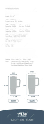 Tyeso 900/1200ML Tumbler Bottle Stainless Steel Car Mug With Handle Straw Thermal Iced Travel Vacuum Insulated Coffee Hot Cup