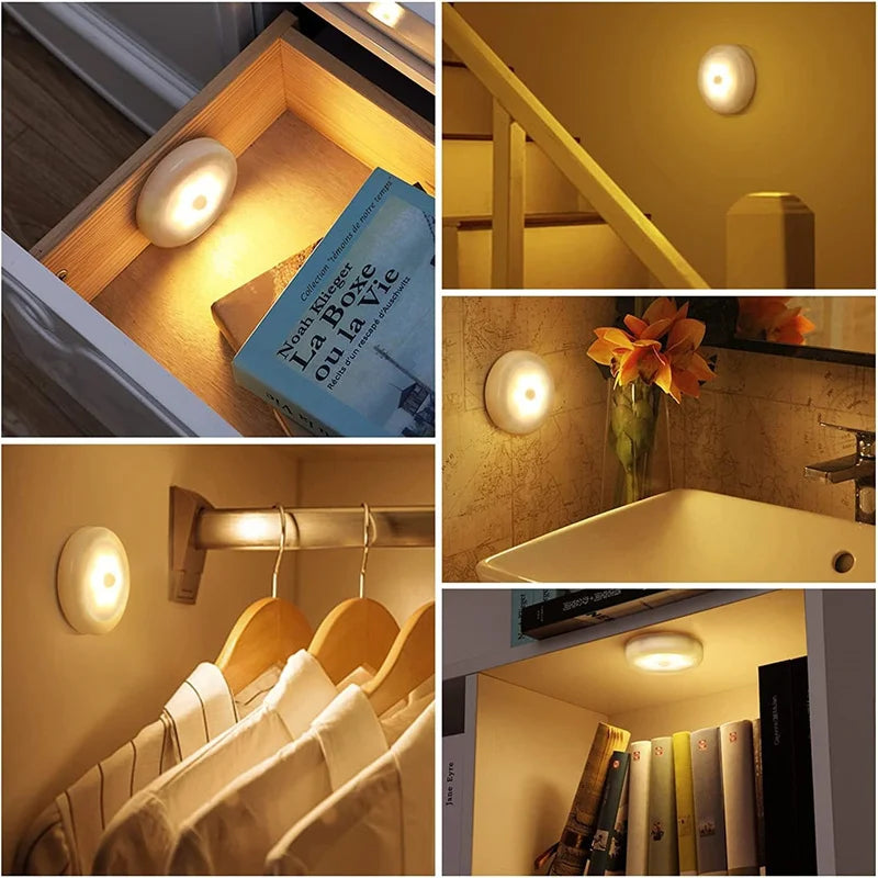 1/3pcs 6 LED Motion Sensor Night Light Wireless Wall Puck Lamp for Closet, Under Cabinet, Stair, Step, Hallway
