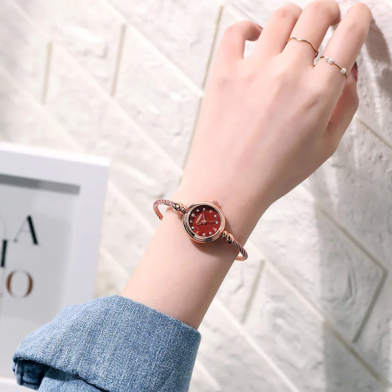 YIKAZE Small Gold Bangle Bracelet Luxury Watch Stainless Steel Retro Ladies Quartz Wristwatch Fashion Casual Thin Chain Watches