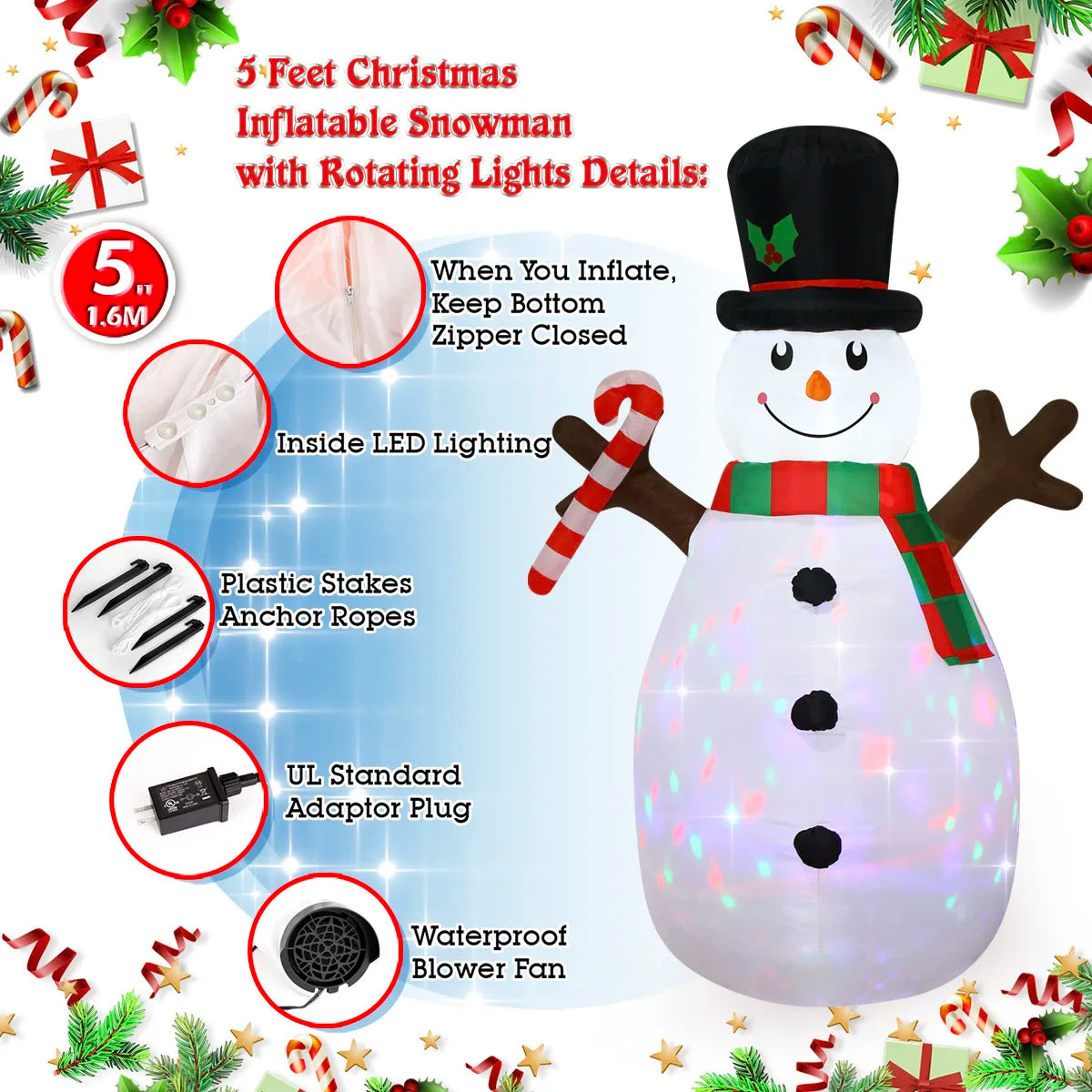 Christmas Inflatable Decorations - Branch Snowman, Santa Claus, Gingerbread Man, Gift Bag Snowman LED Light Lawn Decorations