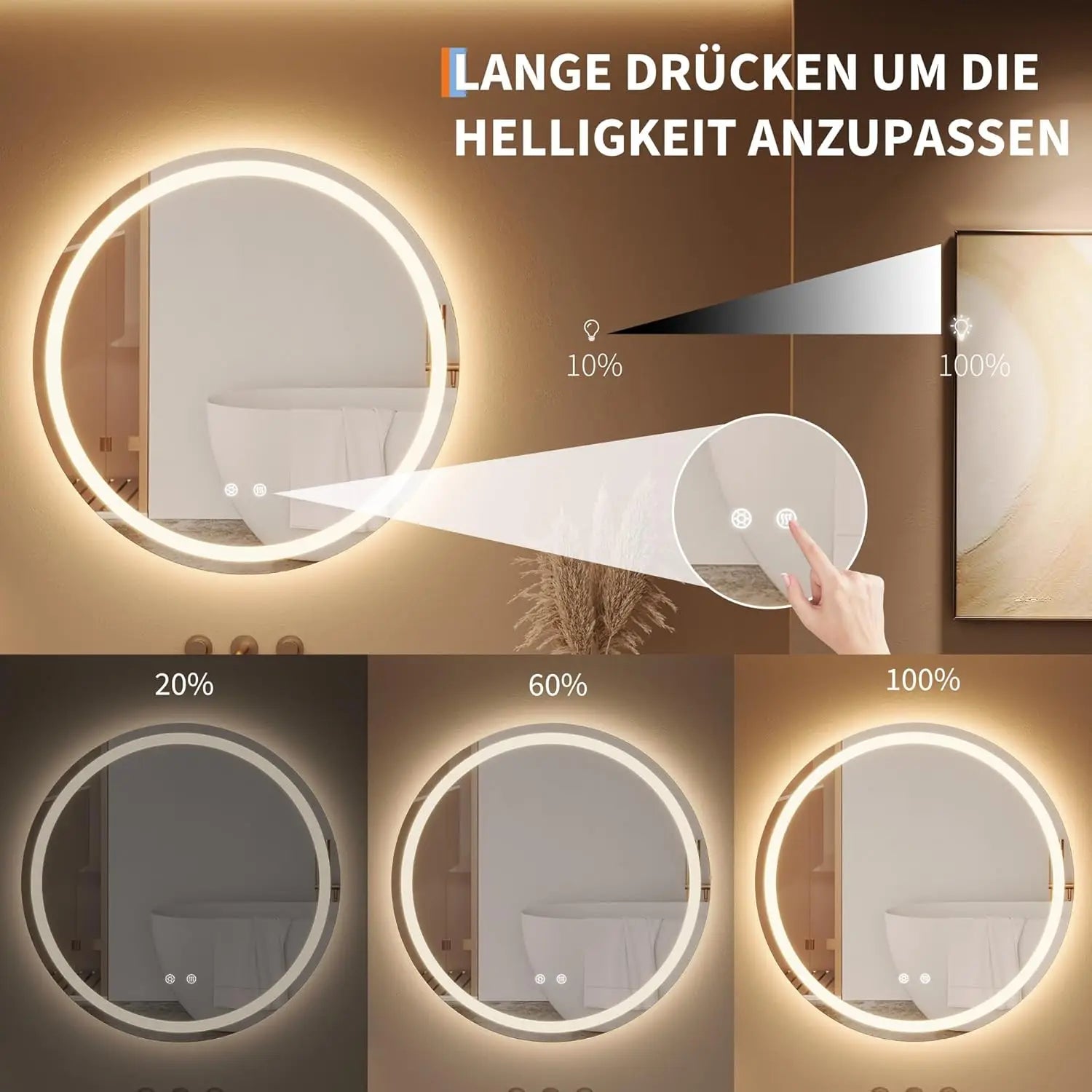 50/60cm Round LED Backlit Mirror Bathroom Vanity with Lights Anti-Fog Dimmable Smart Wall Mirror with Time and Touch Switch