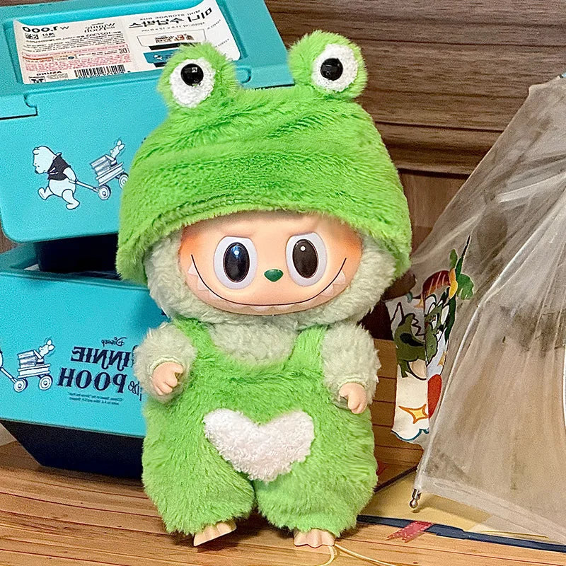 Doll Clothes For LABUBU Frog Set Jumpsuit Kawaii Fisherman Hat 2PCS/Pack Plush Cotton Doll Dress Up Game Decoration