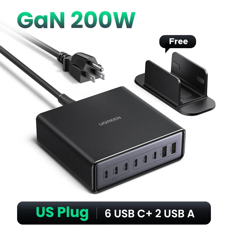 UGREEN 200W GaN Charger 8 in 1 Desktop USB C Charging Station Stand For Macbook Laptops iPhone 16 15 Pro Xiaomi Samsung Tablets