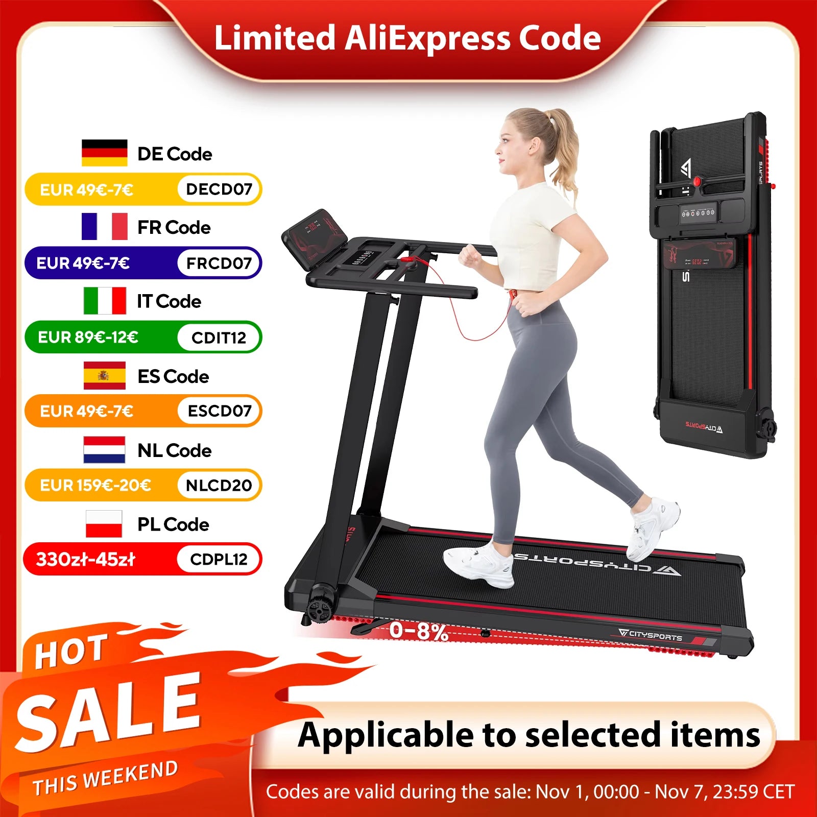 CITYSPORTS PRO Electric Folding Treadmill with Incline - 12 km/h Max Speed, Smart App Control, LED Display