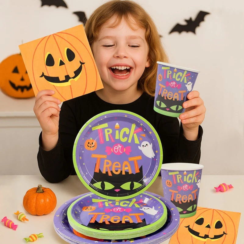 Halloween Pumpkin Black Cat Disposable Tableware Set Halloween Party Decor Kids Favors Trick or Treat  Paper Plates Cup Napkins