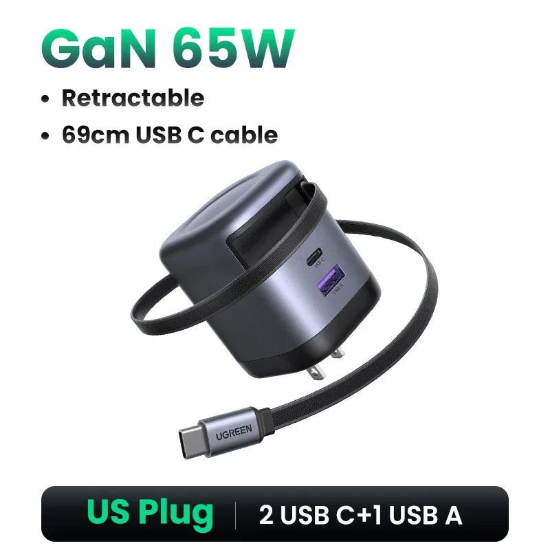 UGREEN 65W GaN Charger With Retractable USB C Cable For iPhone 17 16 Pro Samsung Xiaomi Laptop Macbook Tablet PD Fast Charger