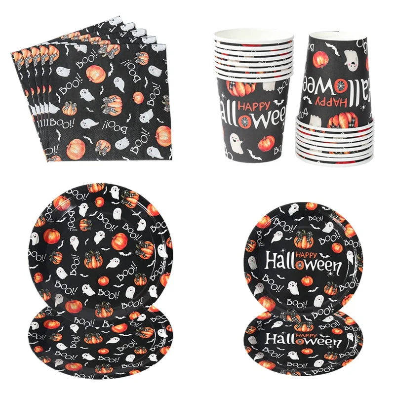 Halloween Disposable Tableware Pumpkin Ghost Boo Paper Plates Cups Napkins Kids Favor Happy Halloween Decoration Trick or Treat